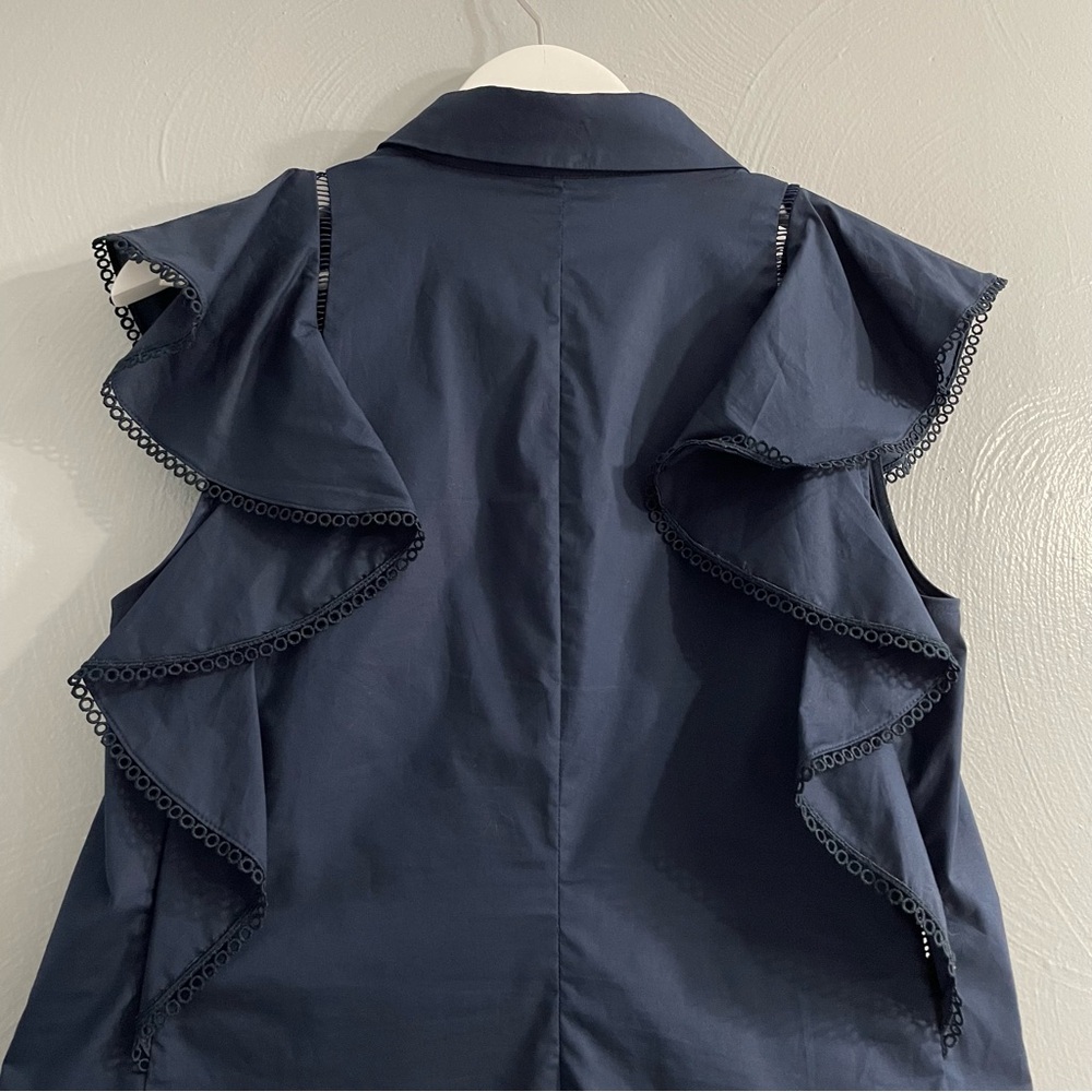 Pearl Navy Ruffle Sleeveless Button-Front Blouse - Picture 8 of 14